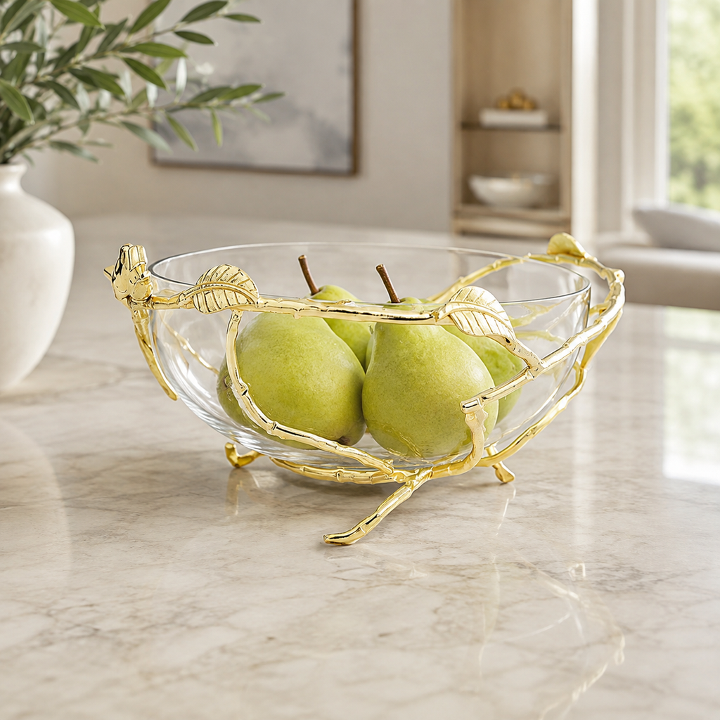 12.5"D Glass Bowl on Stainless Leaf Stand