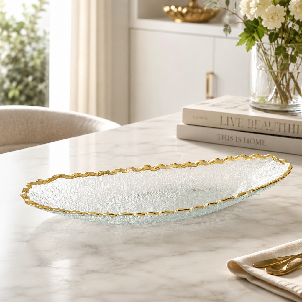 Glass Oval Tray with Gold Edge 15"L 5.25"W