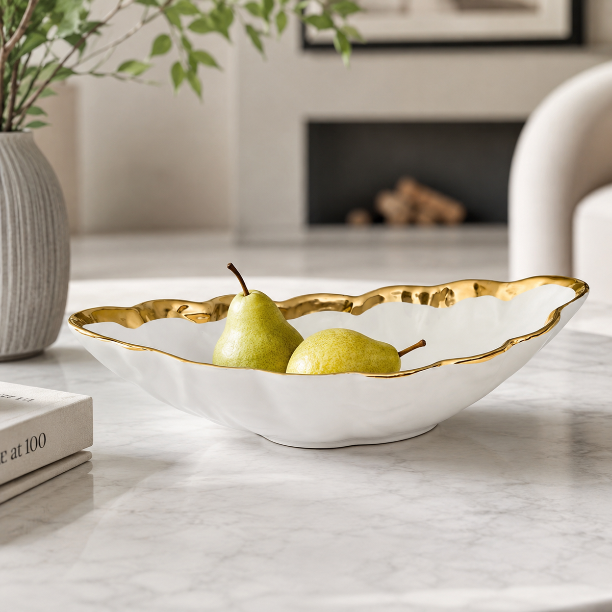 16.75"L White Porcelain Leaf Shaped Bowl with Gold Border