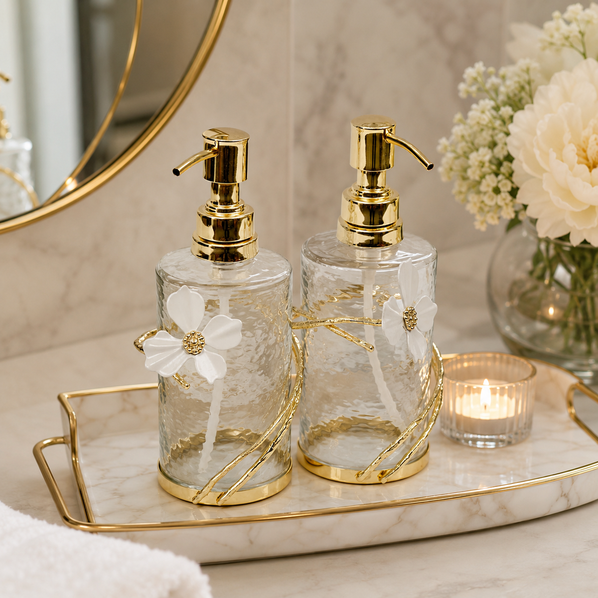 Glass Soap & Lotion Dispenser with Gold Enamel Flower Design