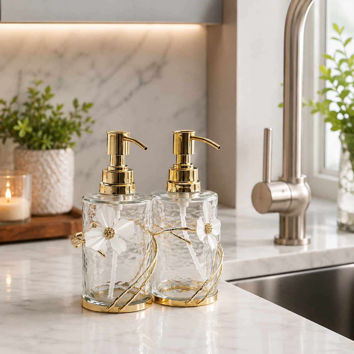 Glass Soap & Lotion Dispenser with Gold Enamel Flower Design