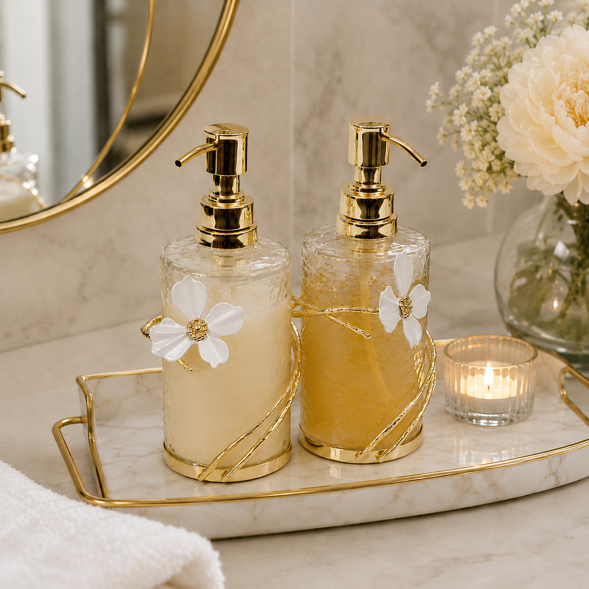 Glass Soap & Lotion Dispenser with Gold Enamel Flower Design