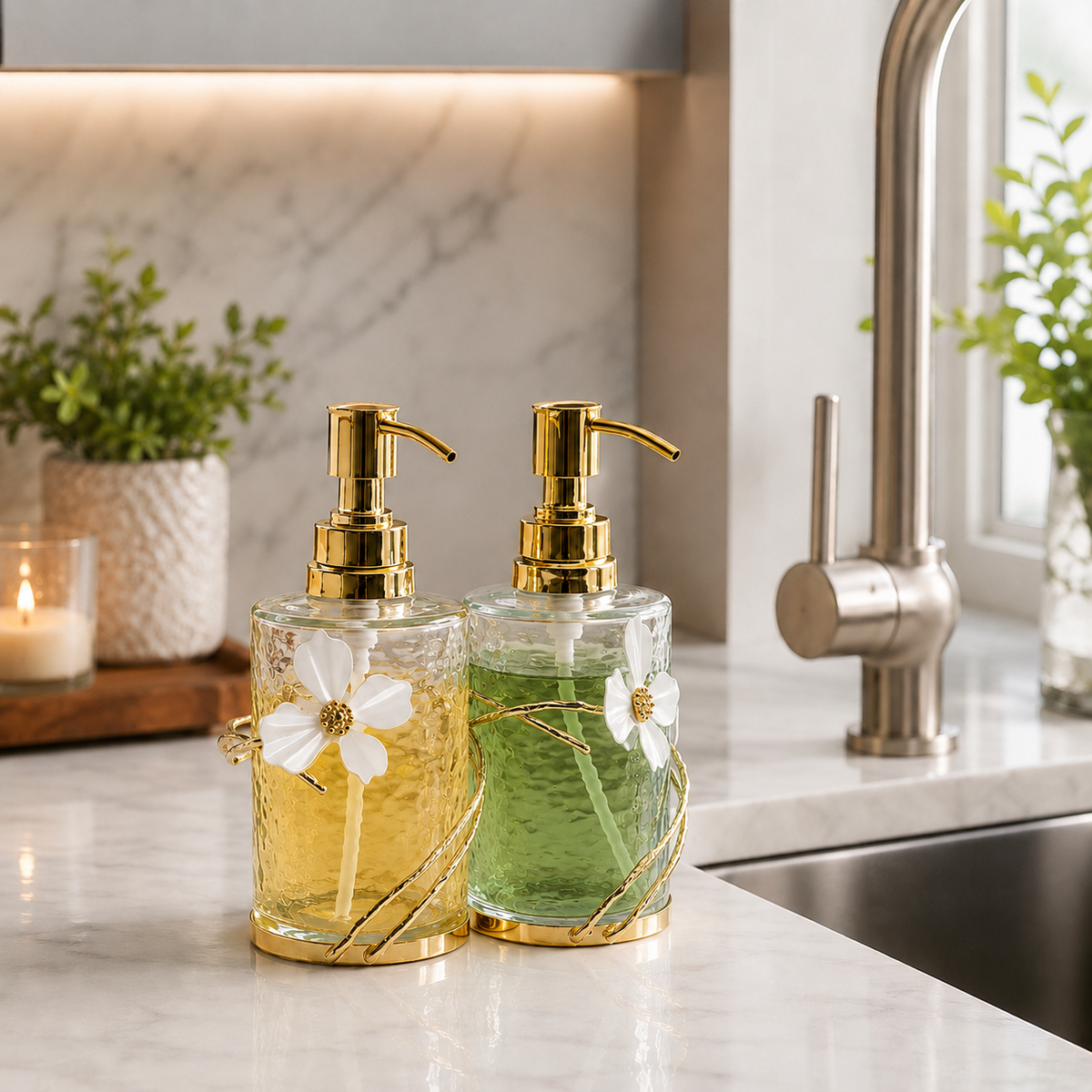 Glass Soap & Lotion Dispenser with Gold Enamel Flower Design