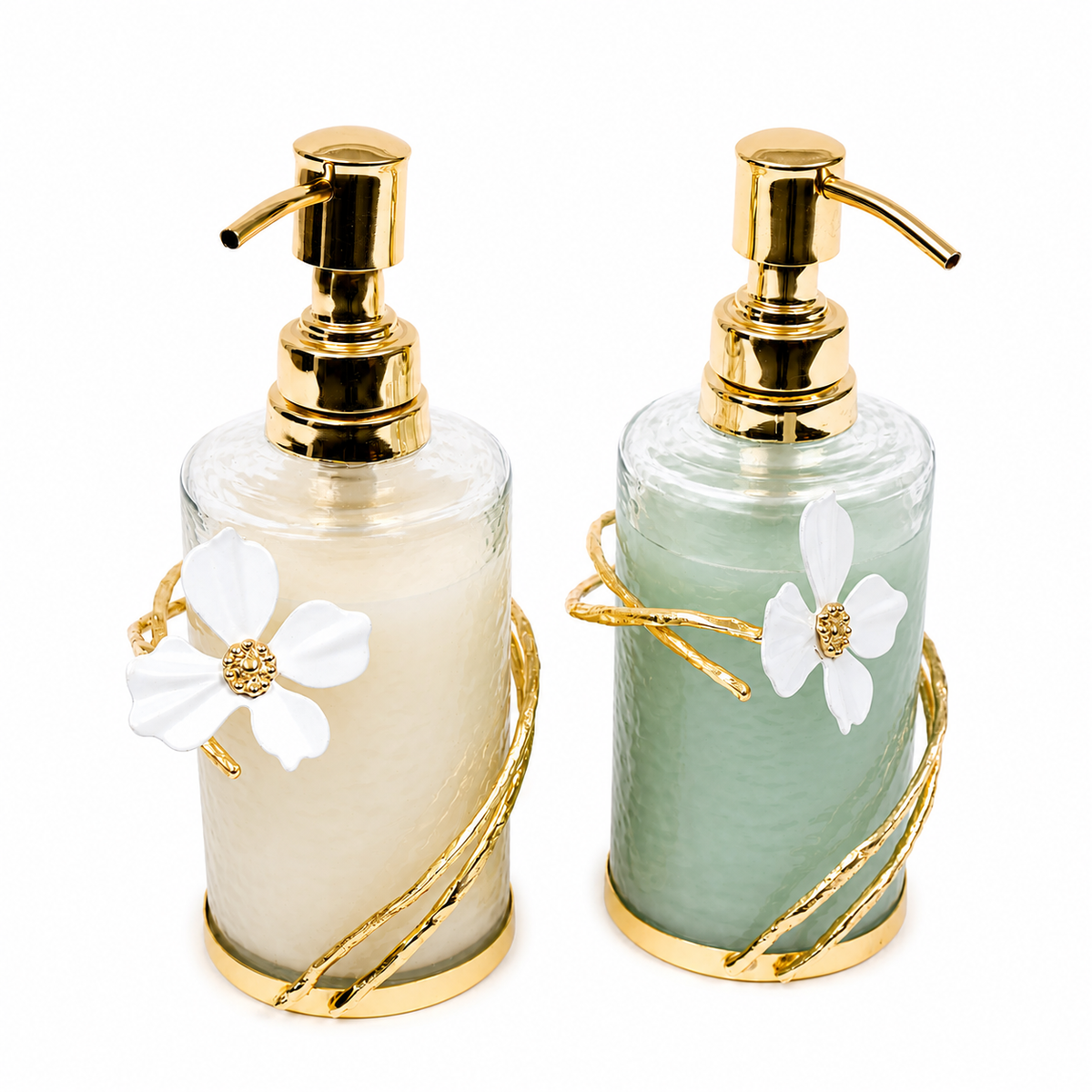Glass Soap & Lotion Dispenser with Gold Enamel Flower Design