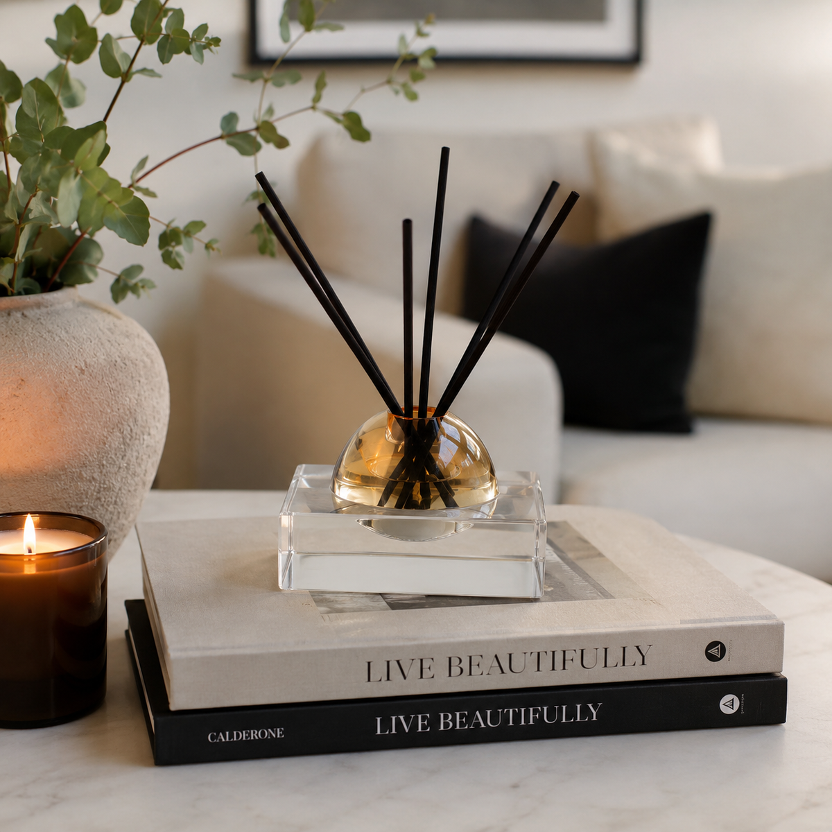 Clear Square Base and Dome Reed Diffuser- Lily of the Valley -5.5 x 5.5 x 2.95"H