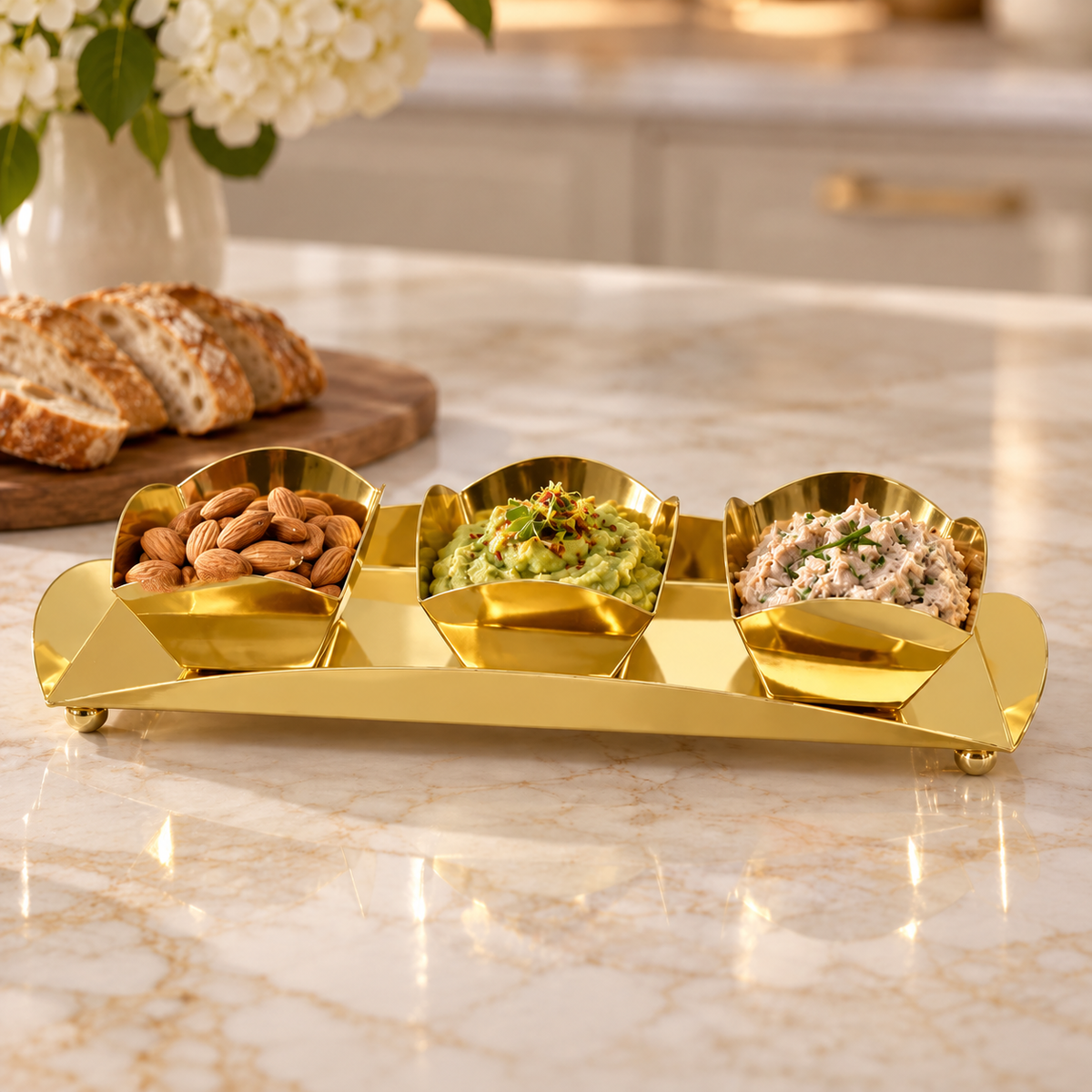 Rectangle Tray with 3 Square Bowls, 15"L x 5.5"W x 3.5"H