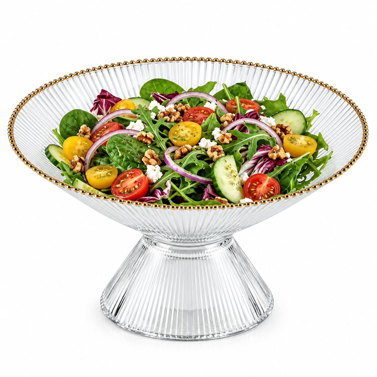Footed Glass Salad Bowl Ribbed with Gold Rim - 8.25"D