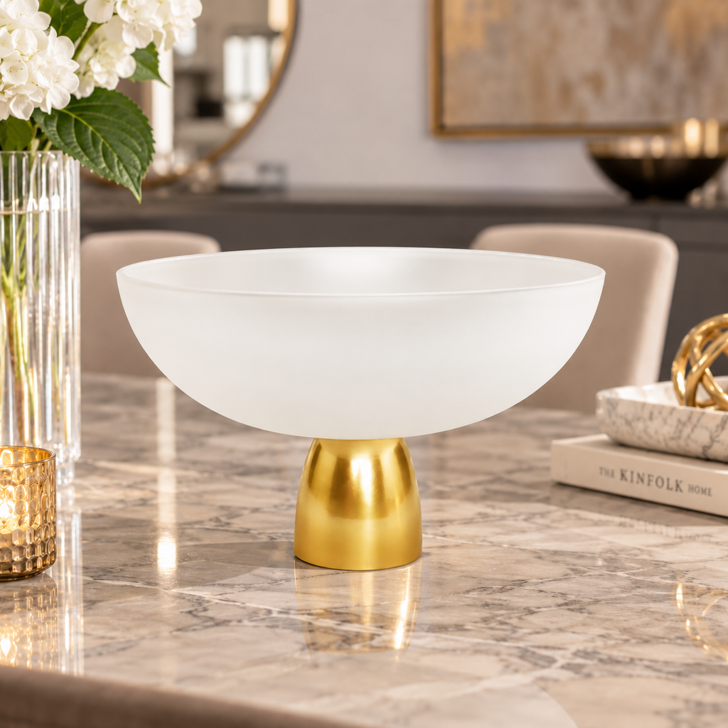 White Glass Bowl on Gold Stem