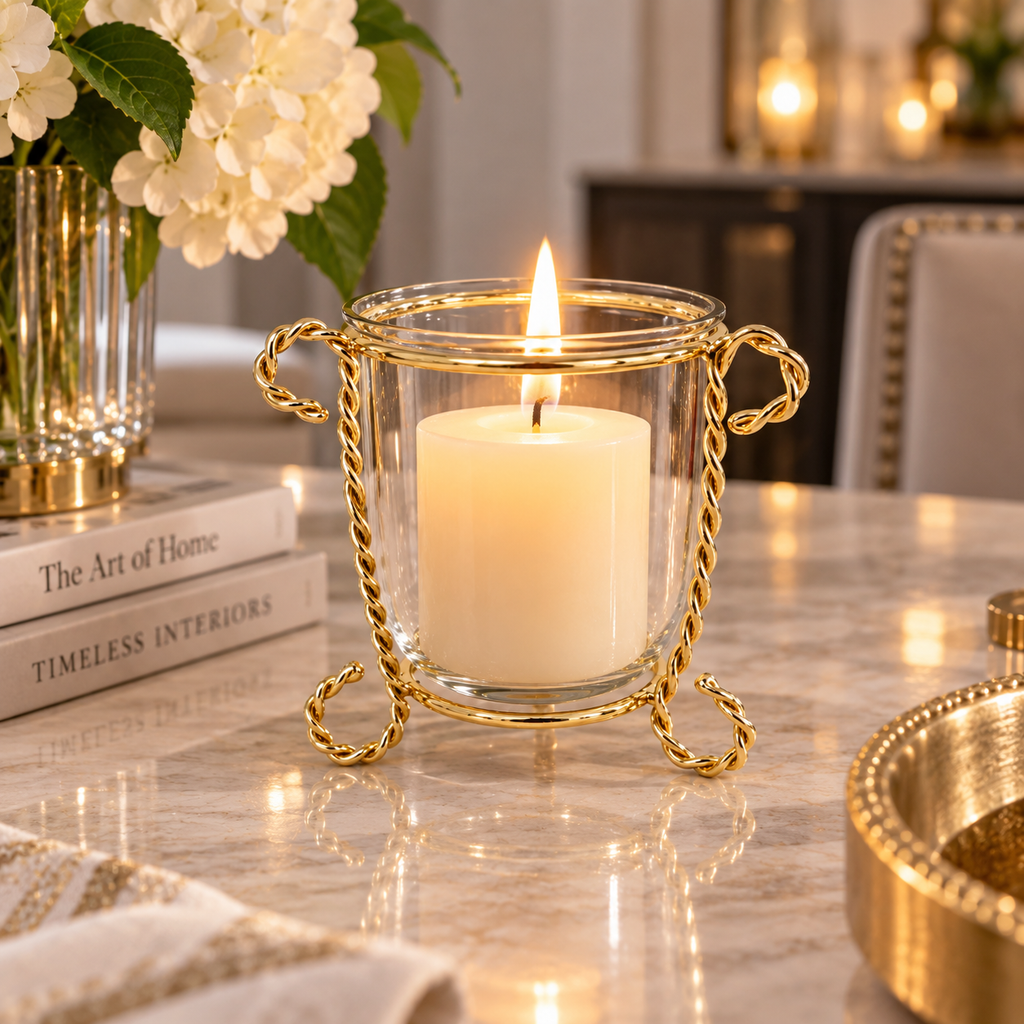 Glass Candle Holder on Gold Brass Stand, 4"