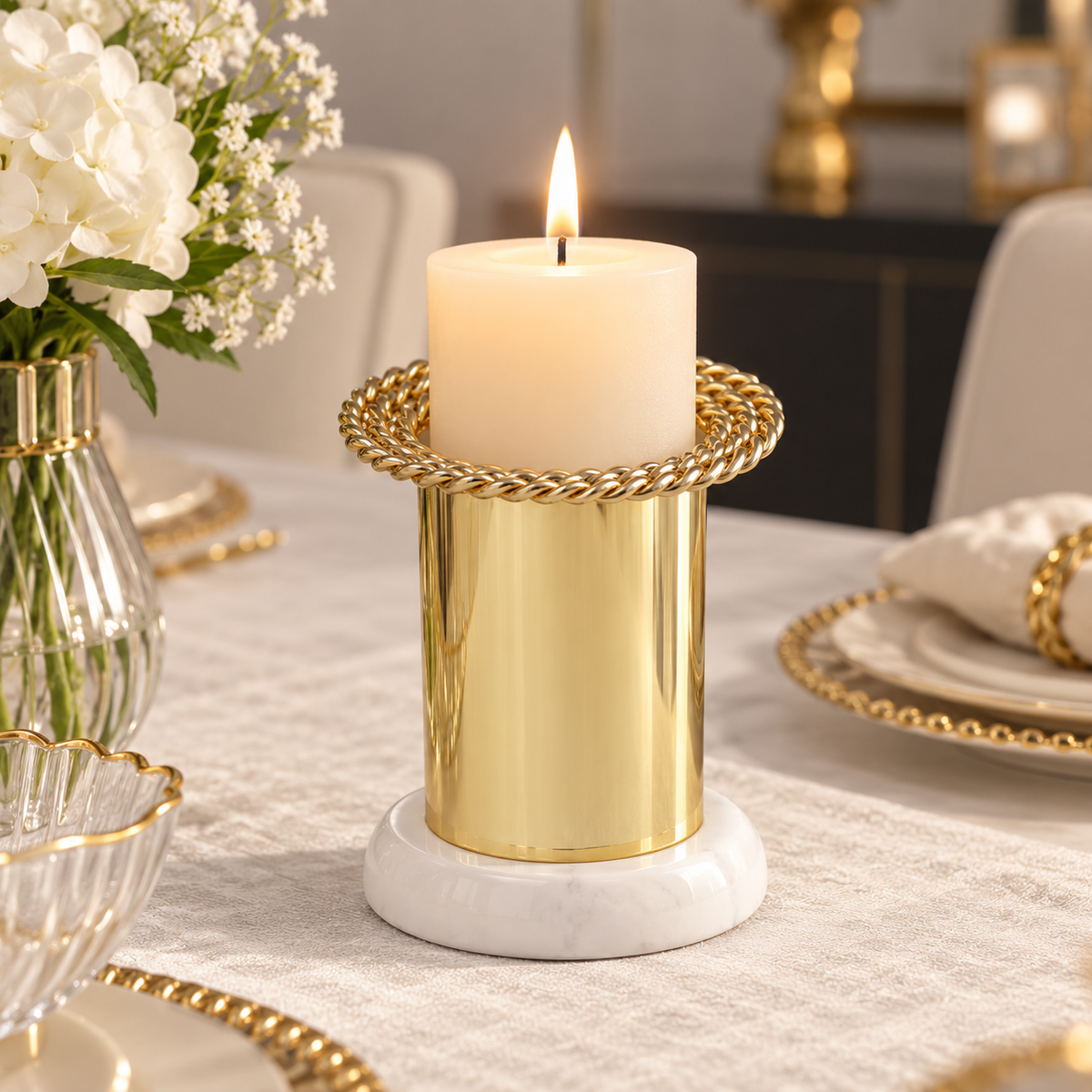 Gold Pillar Candle Holder on Marble Base - Small