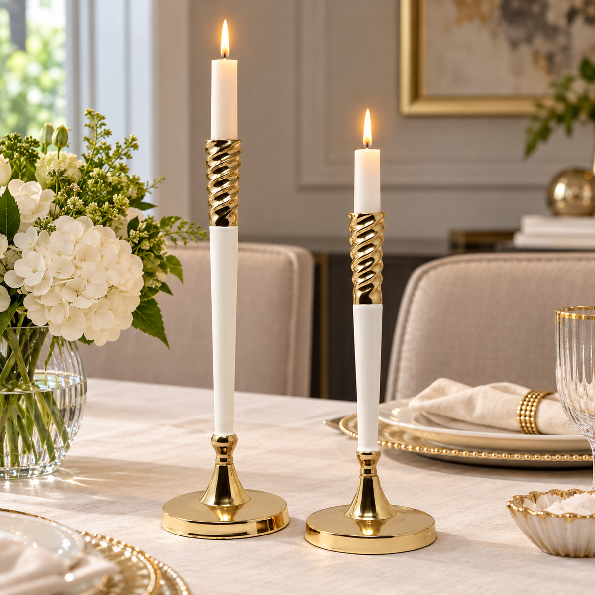 White And Gold Taper Candle Holder, 15"H
