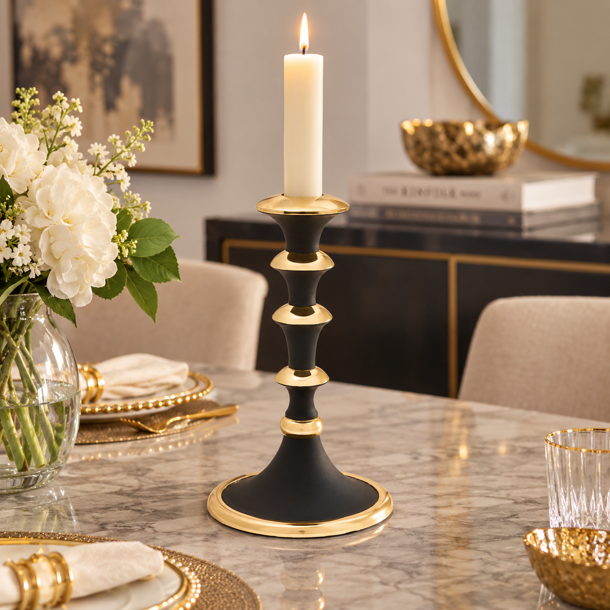 12.25"H Black and Gold Candlestick