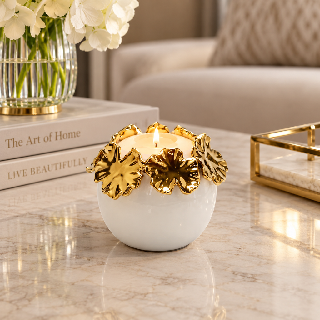 White Ceramic Candle Holder Gold Flower Design