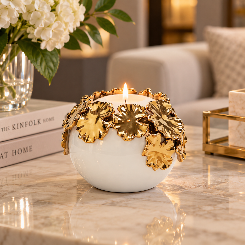 White Ceramic Candle Holder Gold Flower Design