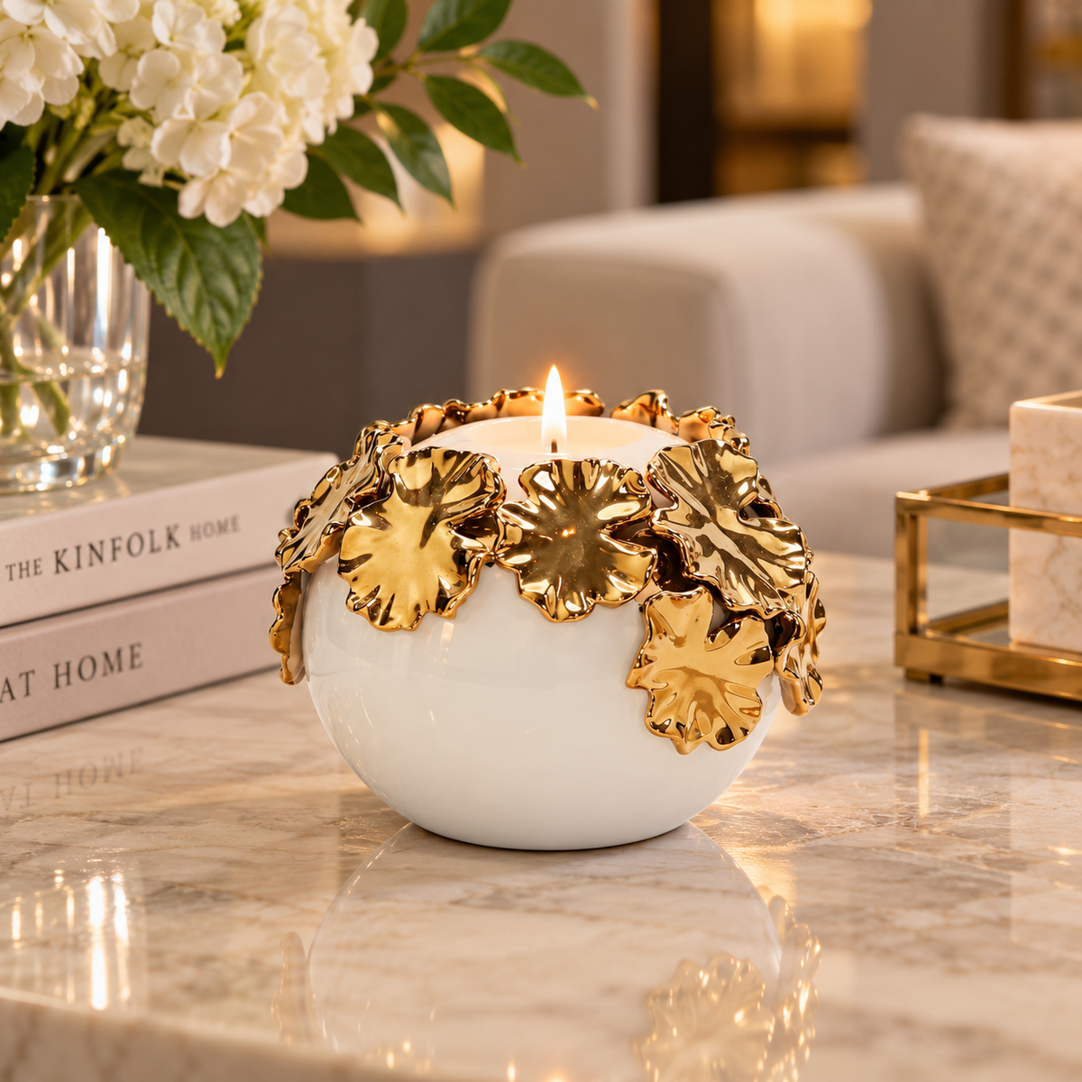 White Ceramic Candle Holder Gold Flower Design