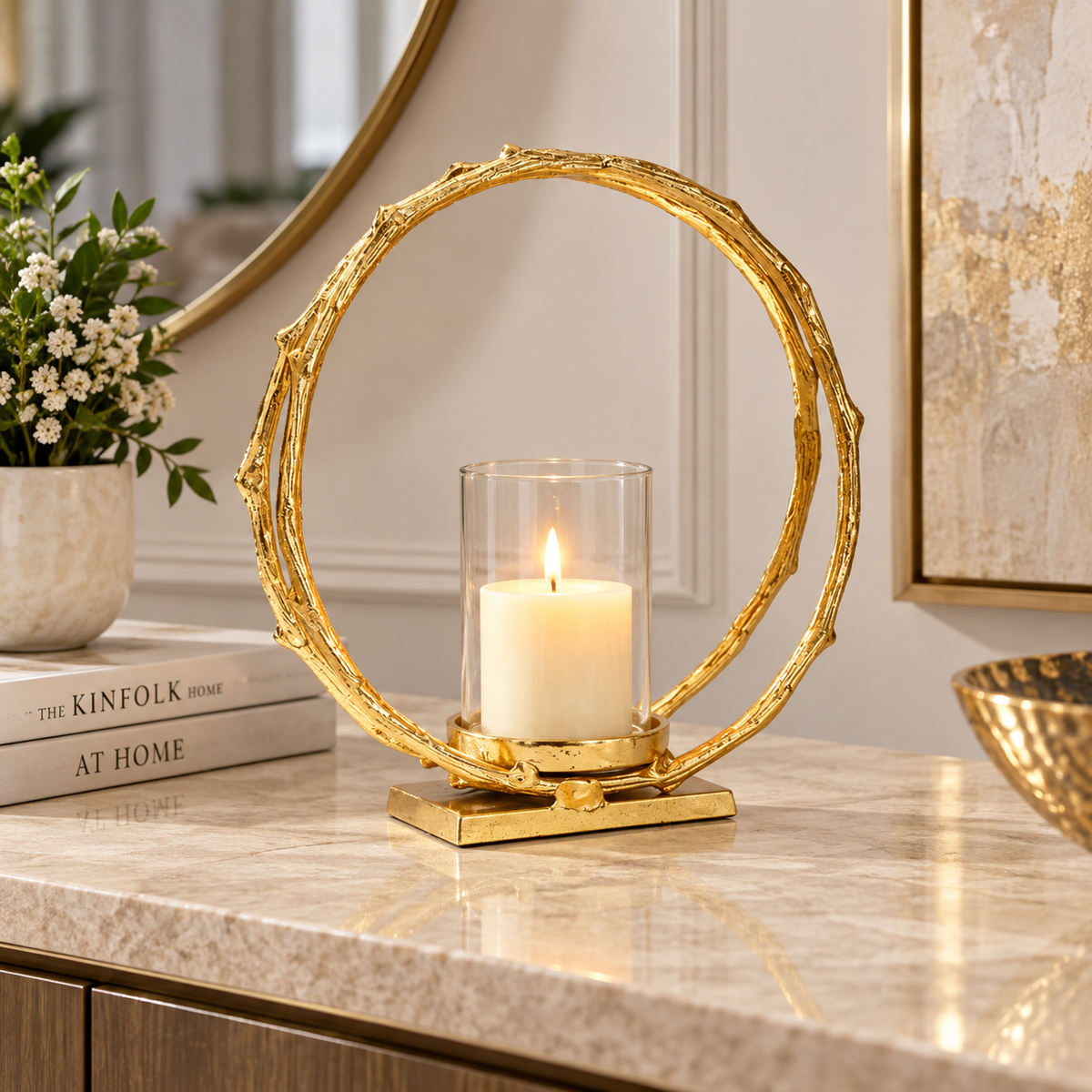 Gold Circle Hurricane Candle Holder Small