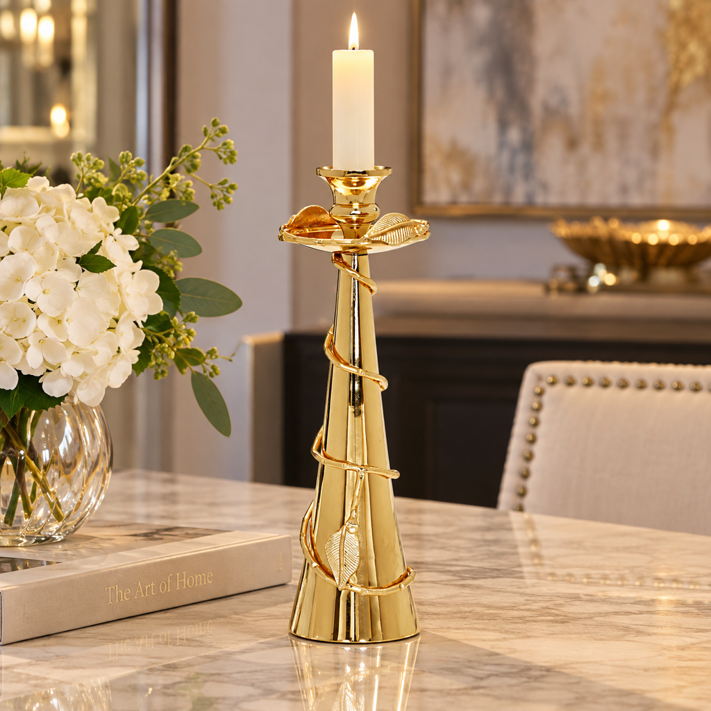 Gold Taper Candle Holder Leaf Spiral Design
