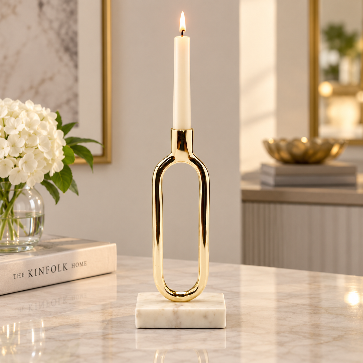 Gold Loop Taper Candle Holder on Marble Base - 11.75"H