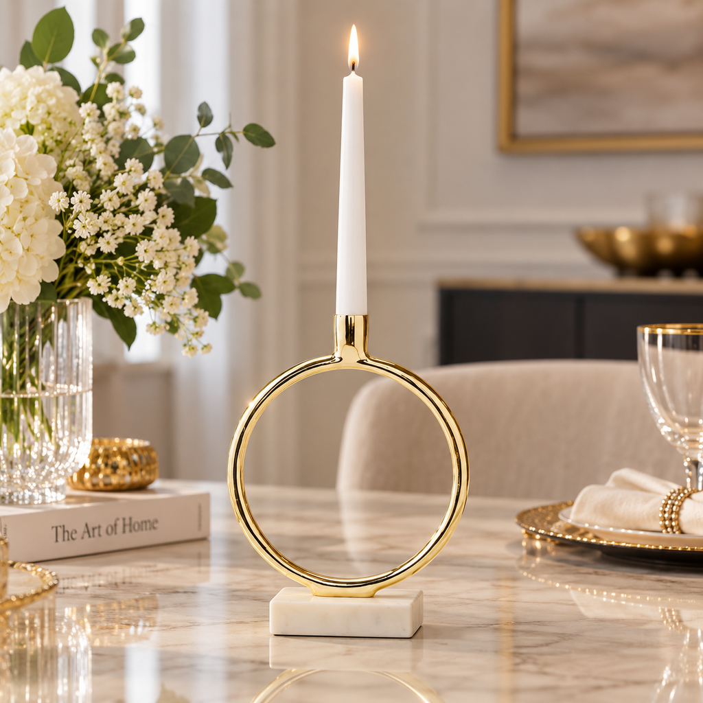 Gold Circular Taper Candle Holder on Marble Base - 9.75"H