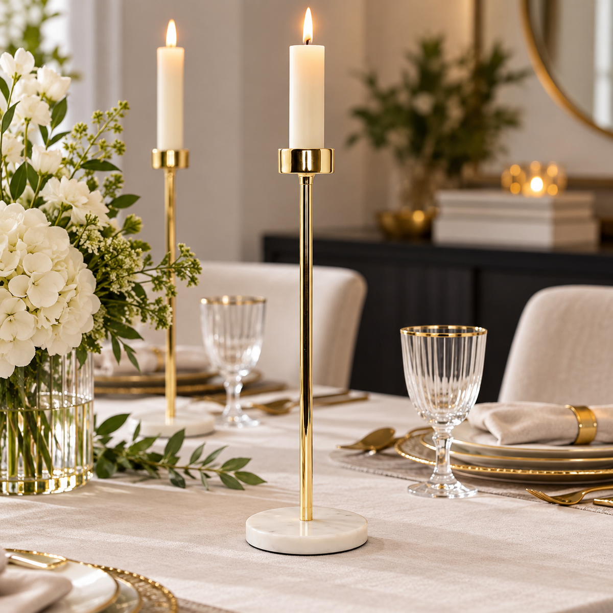 Gold Taper Candle Holder on Marble Base - 14"H