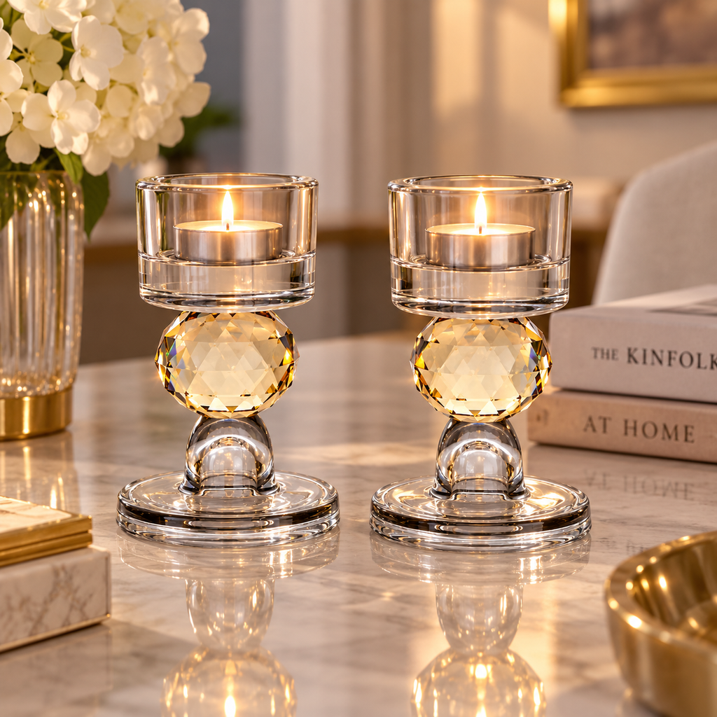 Set of 2 Candle Holders with Pink Ball Detail