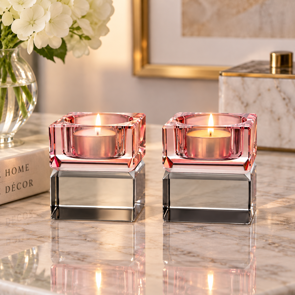 Set of 2 Tea Light Candle Holders Colored Blocks  - 2 x2 x2.1"H