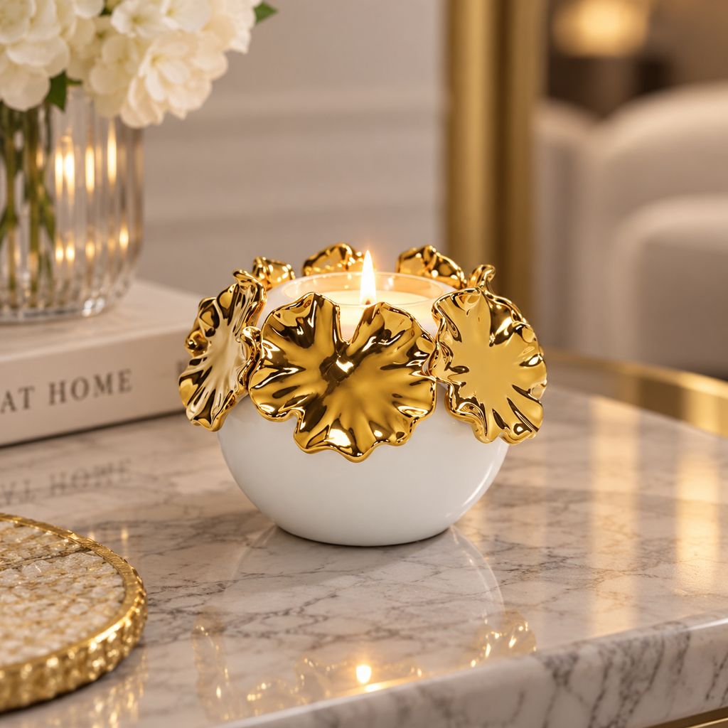 White Ceramic Candle Holder Gold Flower Design