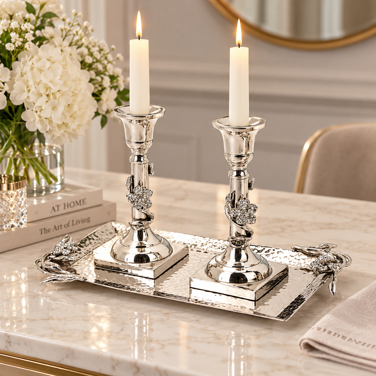 Tray with Two Candlesticks with Jeweled Flower