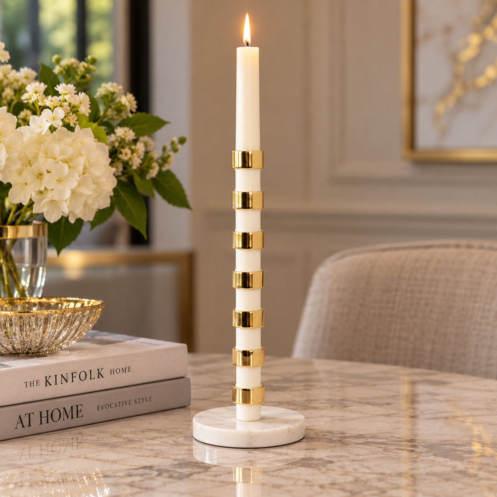 White and Gold Taper Candle Holder on Marble Base - 12"H