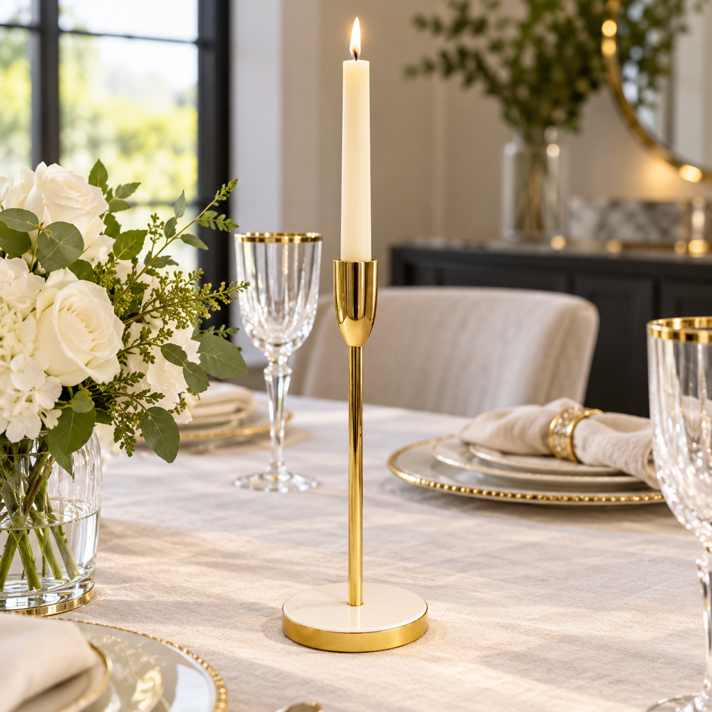 Gold Taper Candle Holder on White Marble Base - 10"H