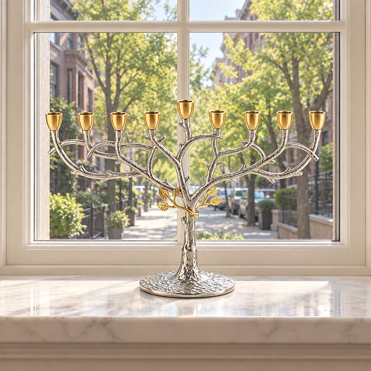 Two-tone Menorah with Leaf Design