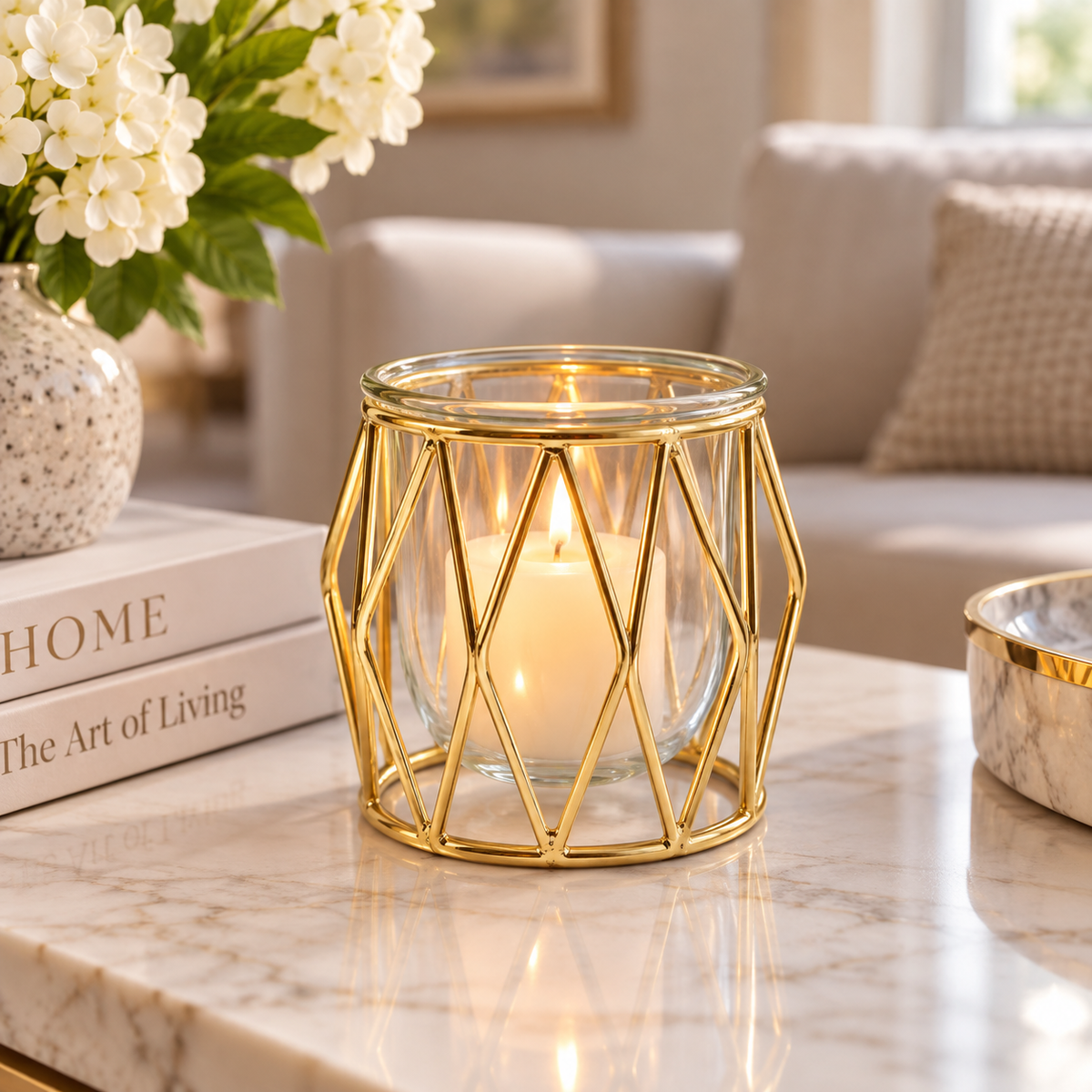 Gold Brass Hurricane Candle Holder - Diamond Shaped Design