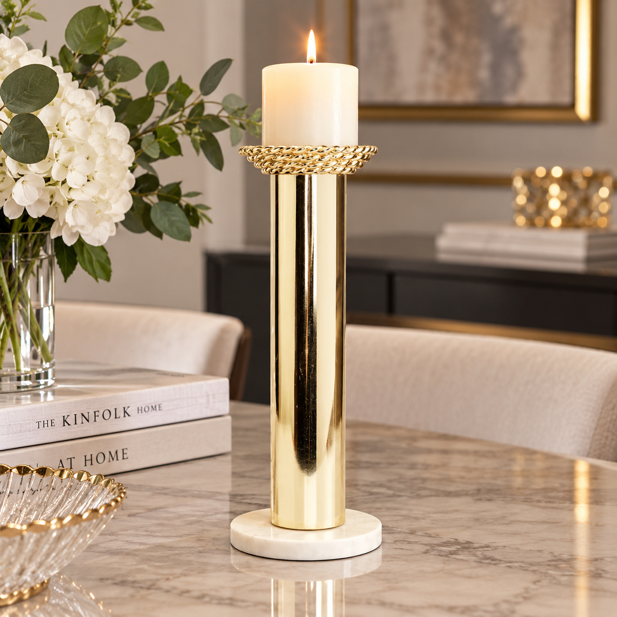 Gold Taper Candle Holder on Marble Base - 12.5"H