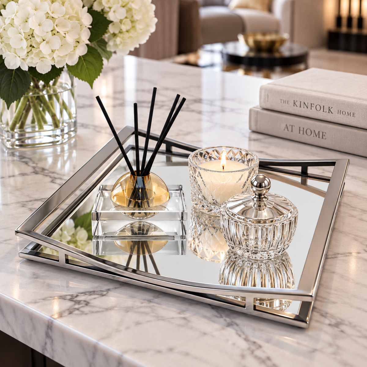 Square Mirror Tray with Silver Walls