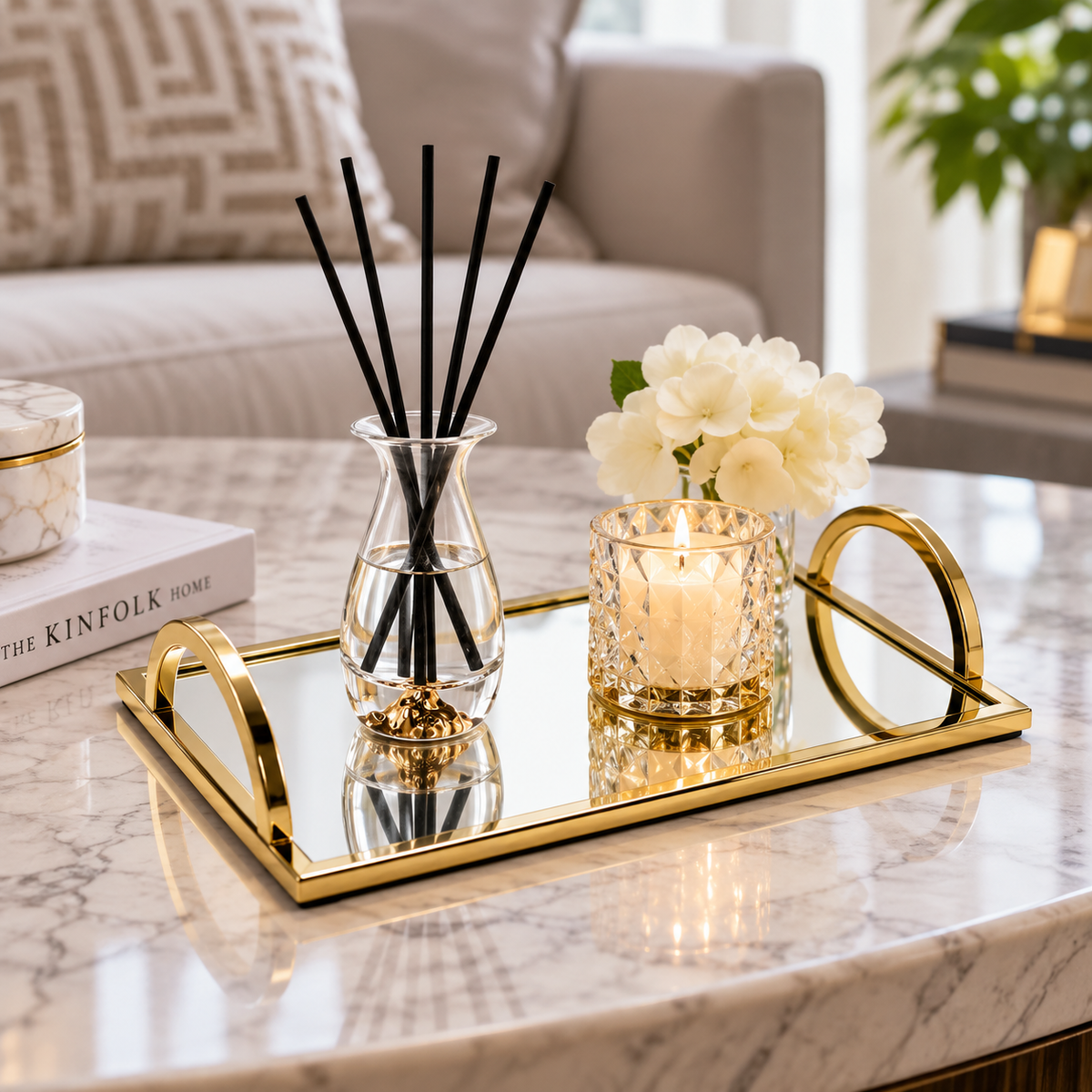 Rectangular Mirror Tray with Gold Handles -12"L