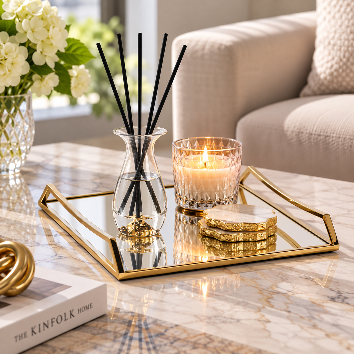 Square Mirror Tray with Gold Handles - 15.75"L