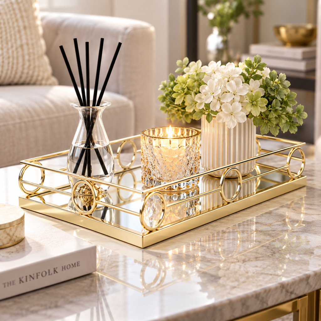 Oblong Mirror Tray with Gold Design 14"L