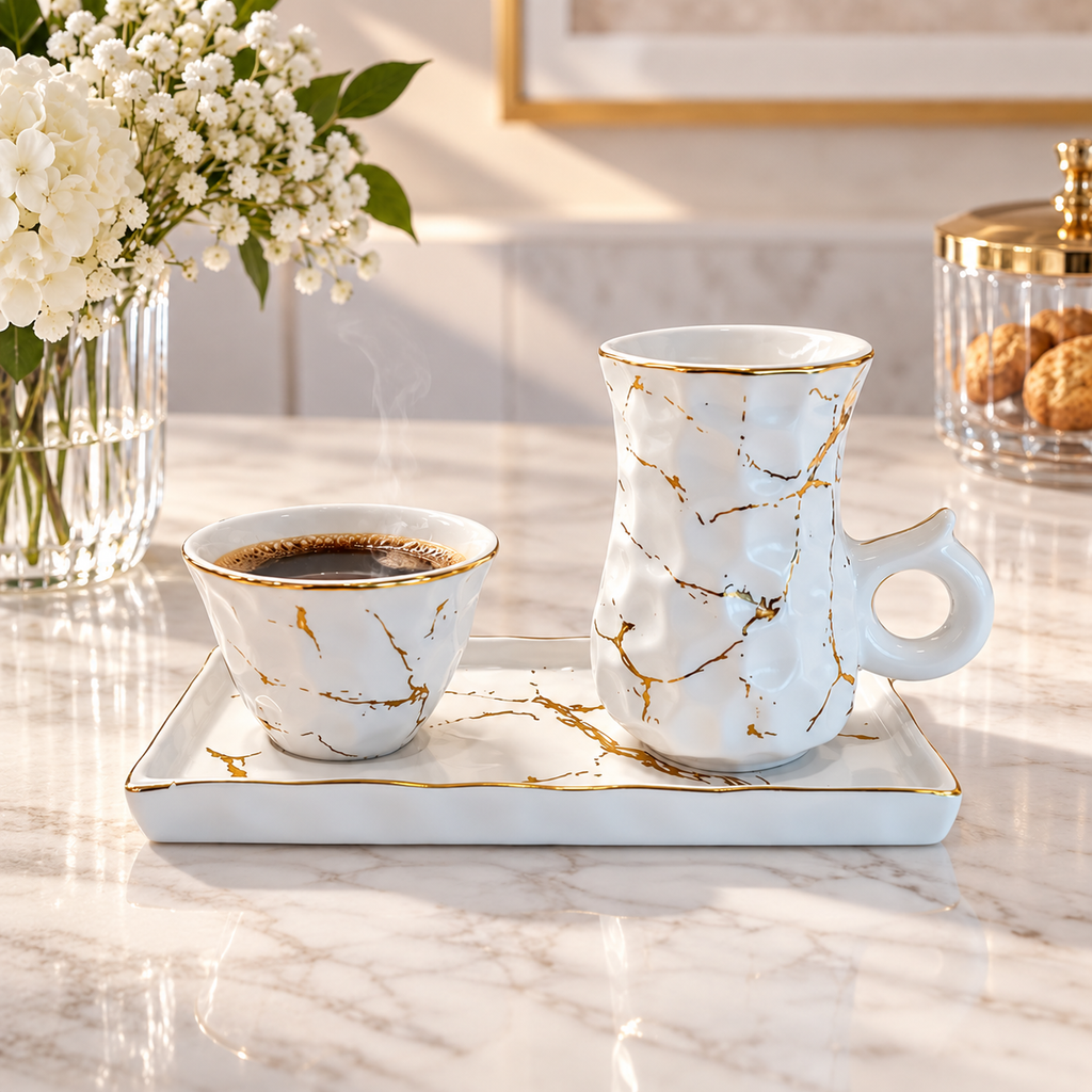 White Porcelain Tea Set Textured with Gold Speckles