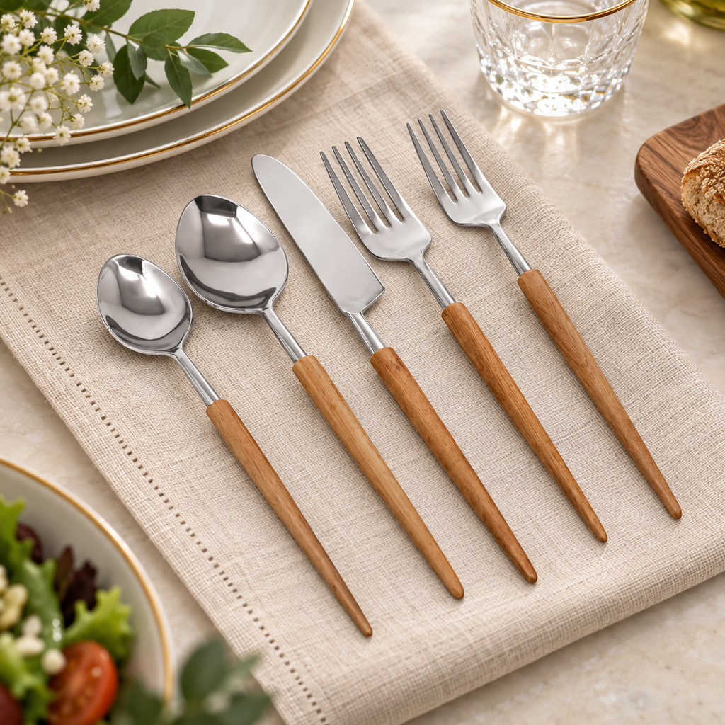 20 Pc Flatware Set with Wooden Pointy Handles - Service for 4 - Hand Wash