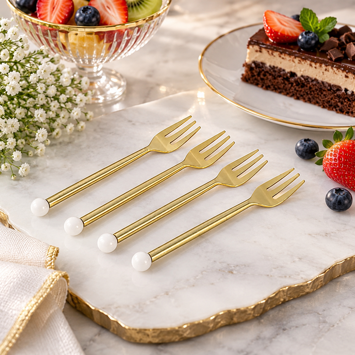 S/4 Dessert Forks Gold with White Balls on Handle
