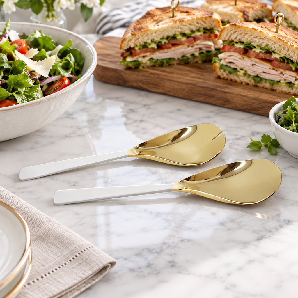Set of 2 Gold Salad Servers with White Handles