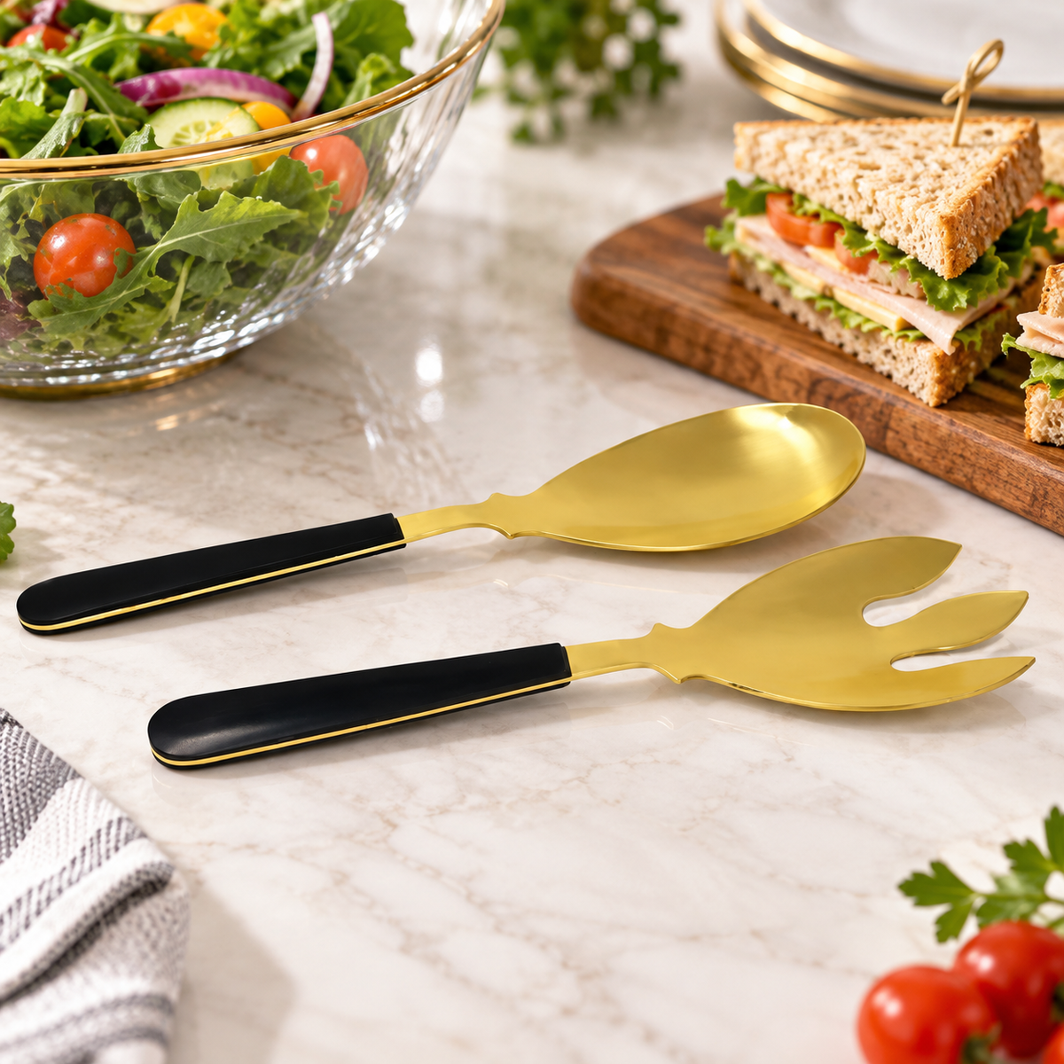Set of 2 Gold Salad Servers with Black Handles