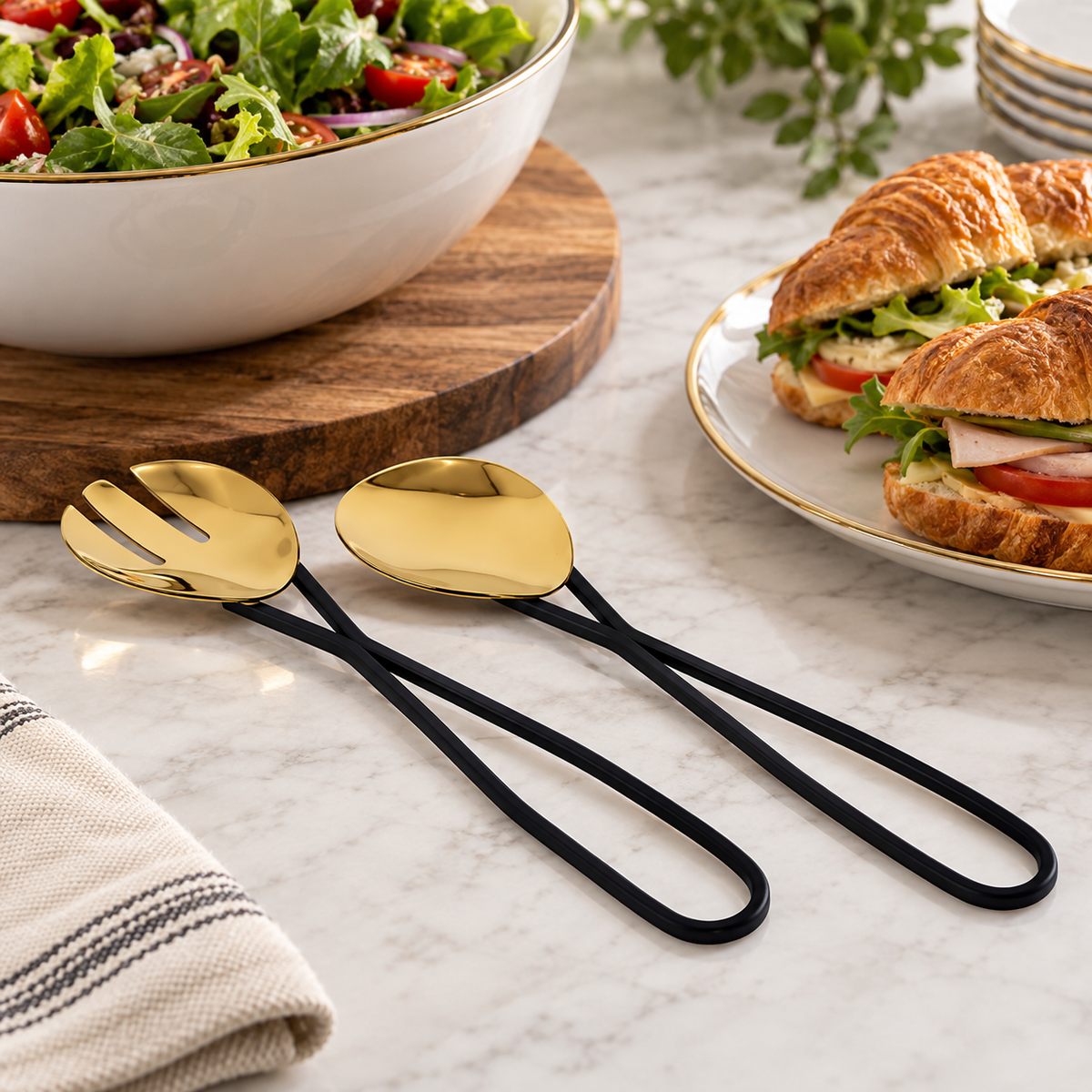 Set of 2 Gold Salad Servers with Black Loop Handles