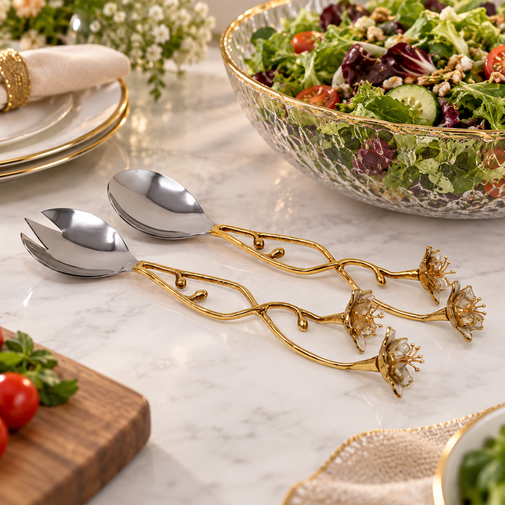 Gold Salad Server Set with Large White Enamel Flowers