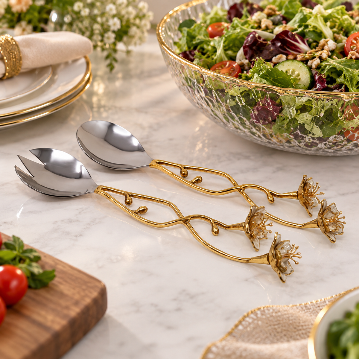 Gold Salad Server Set with Large White Enamel Flowers
