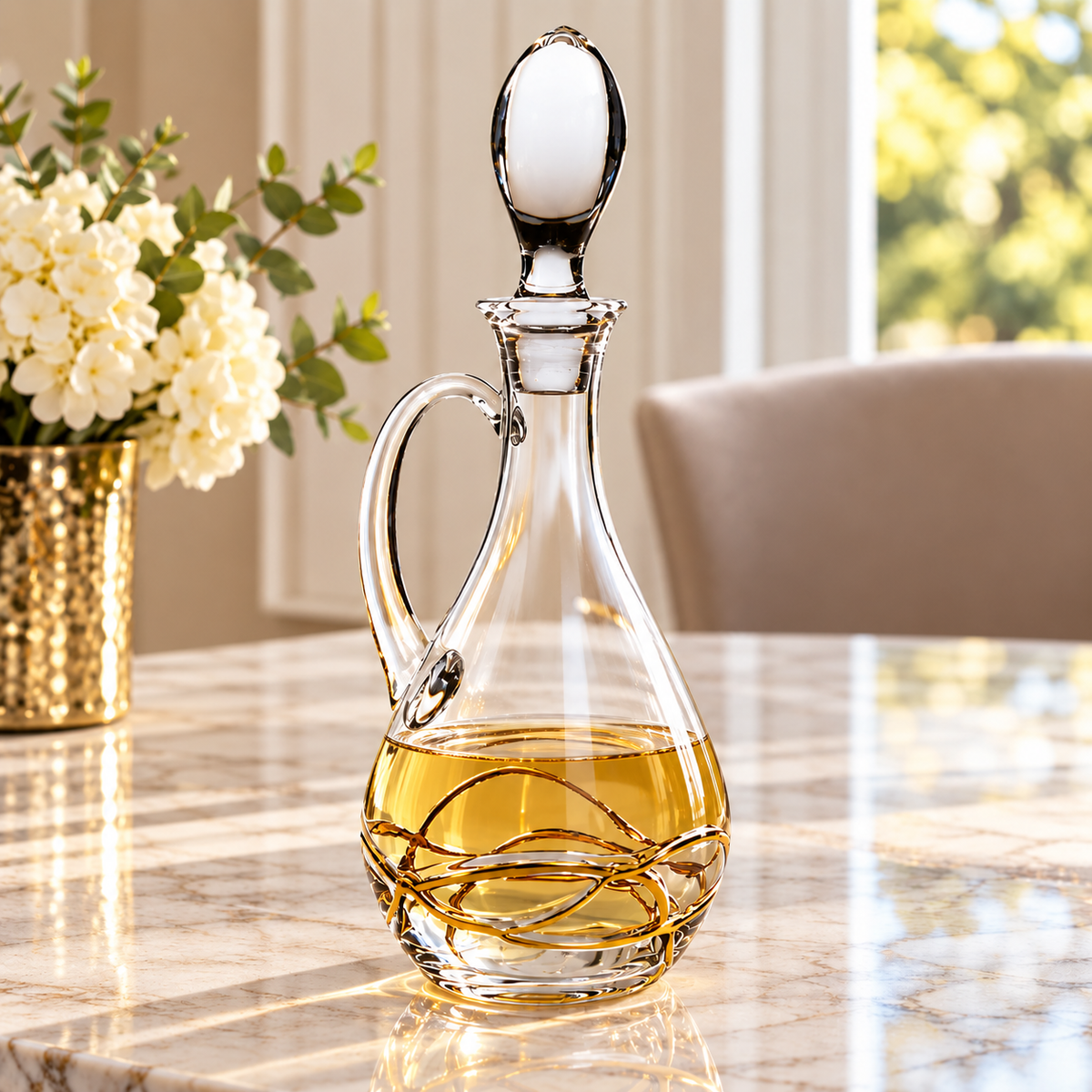 Wine Decanter with 14K gold swirl design- with handle and lid