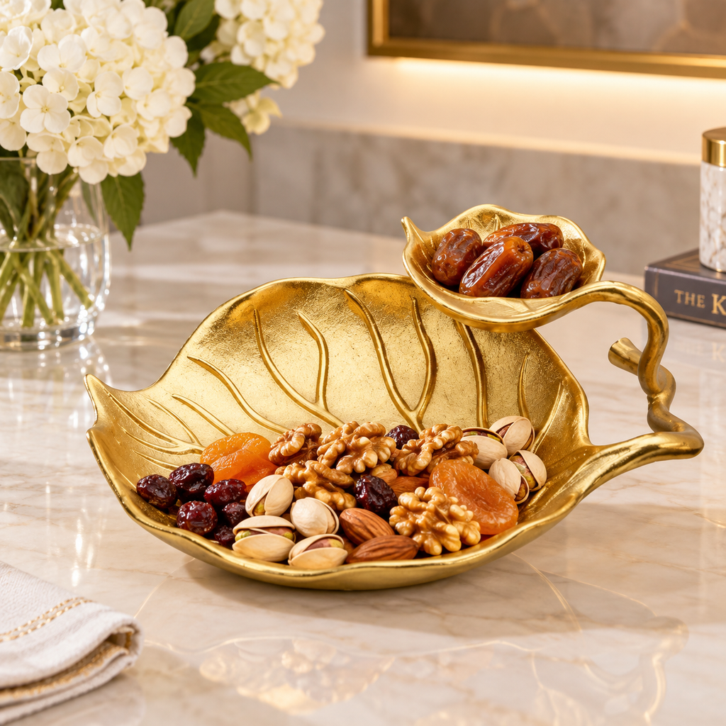 2 Tier Gold Relish Dish with Leaf Vein Design