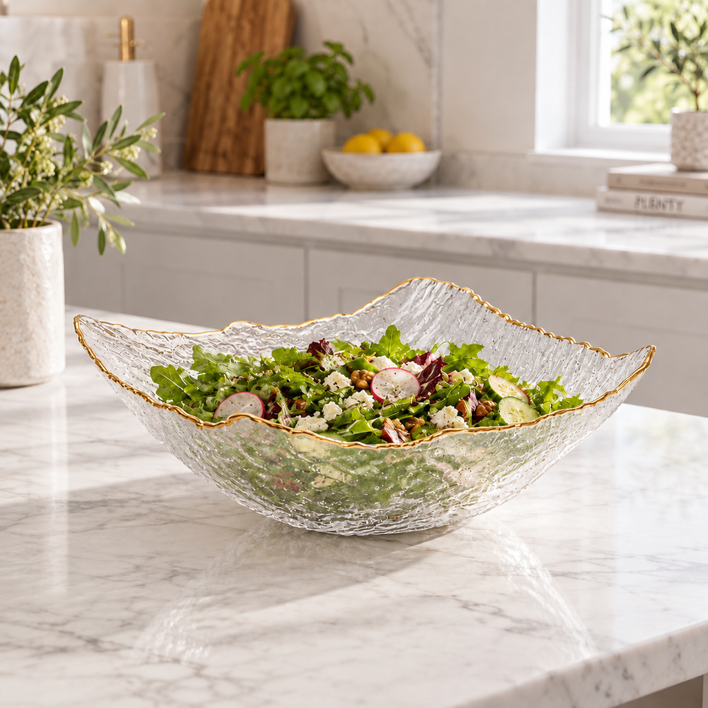 Glass Square Salad Bowl with Gold Trim
