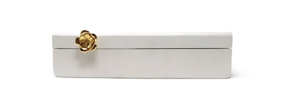 Rectangular White Wood Decorative Box with Gold Flower Detail
