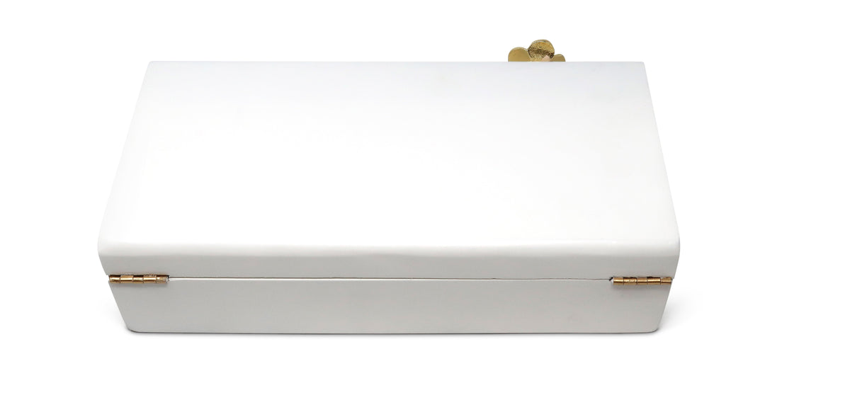 Rectangular White Wood Decorative Box with Gold Flower Detail